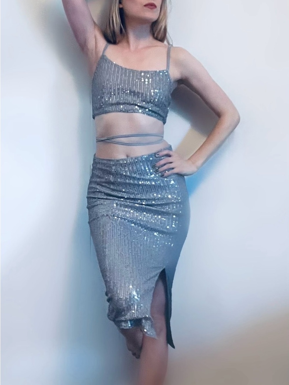 Silver Sequin Dress Set- Glam Midi Pencil Skirt w/ Matching Crop Top